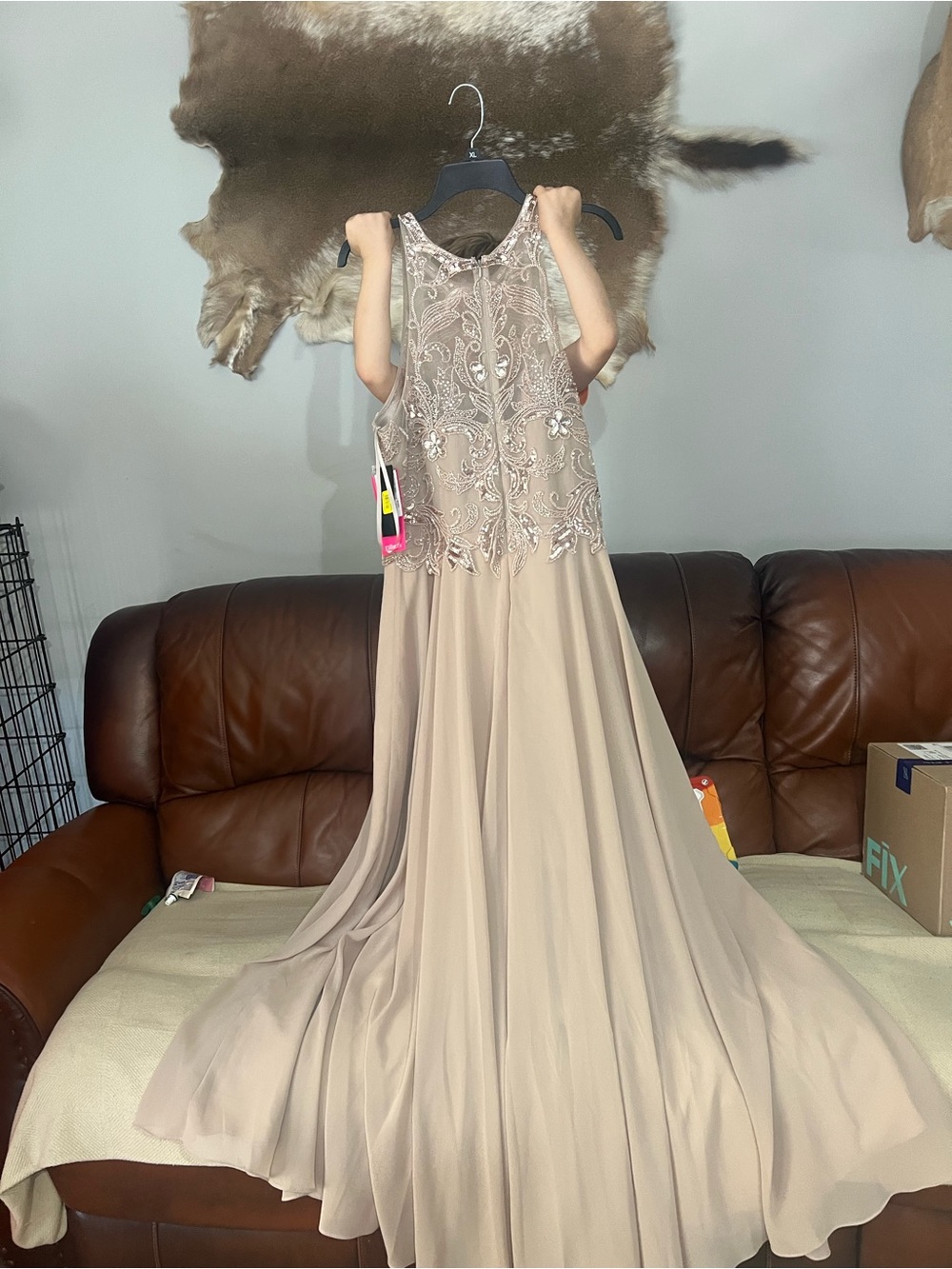 Beaded Illusion Bodice Chiffon Evening Gown - Taupe